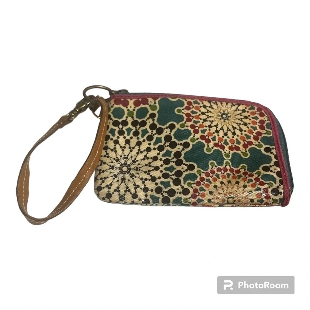 FOSSIL Key-Per Wristlet Coated Canvas Floral Multicolor Brown Leather Trim